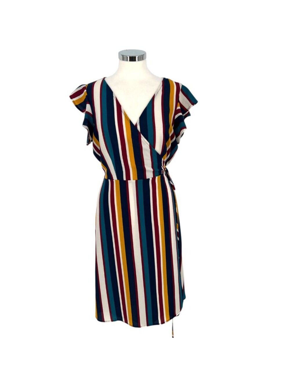 Superfoxx Striped Wrap Midi Dress Large Flutter Sleeve Multicolor Boho Retro